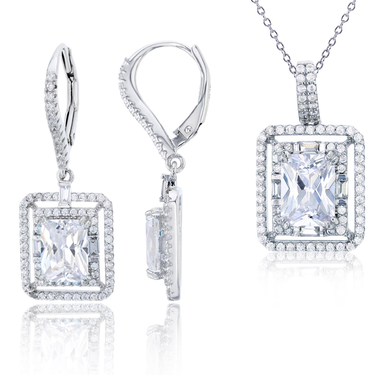 Sterling Silver Rhodium EC/SB/Rnd White CZ Double Halo Cushion Dangling 18"+2" Necklace/Earrings Set