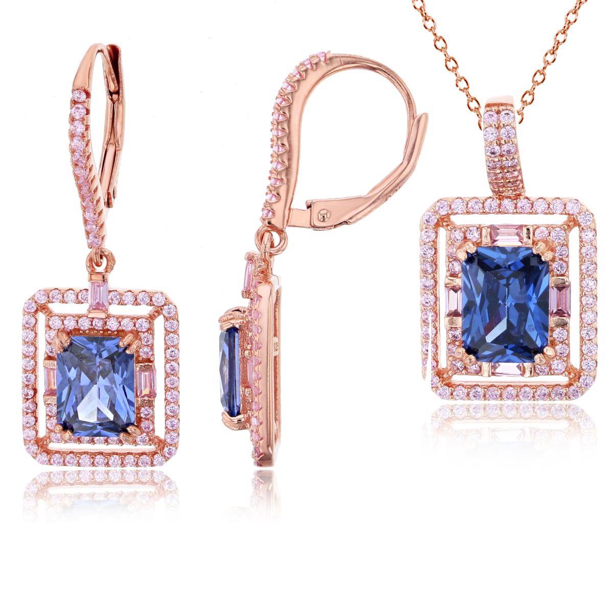 Sterling Silver Rose EC Tanzanite & SB/Rnd Pink CZ Double Halo Cushion Dangling 18"+2" Necklace/Earrings Set