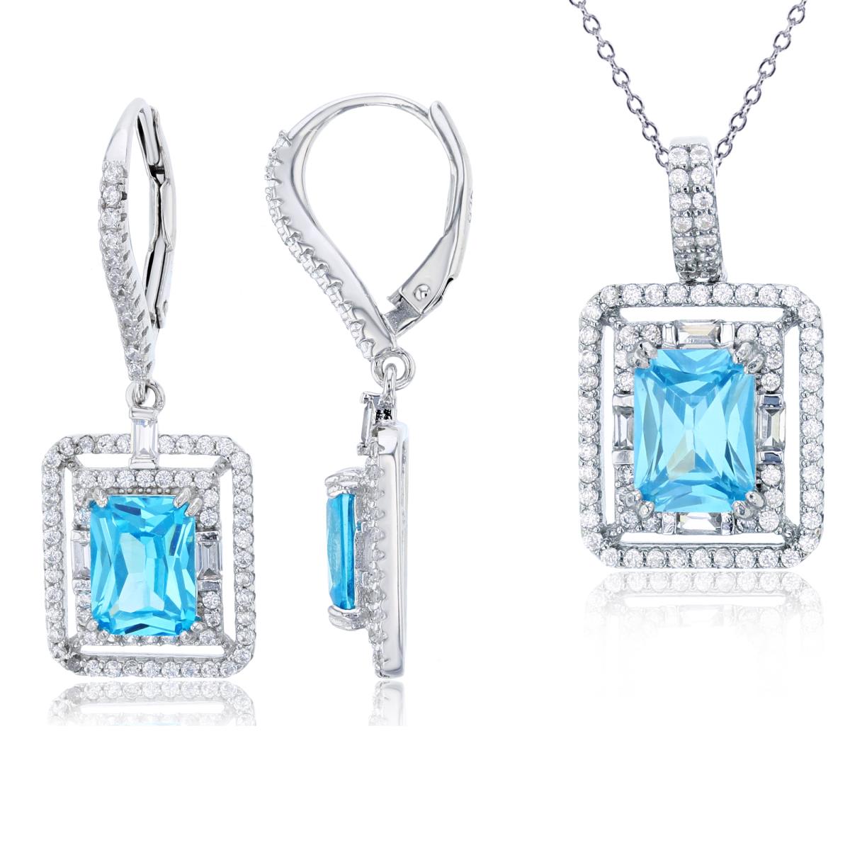 Sterling Silver Rhodium EC Blue & SB/Rnd White CZ Double Halo Cushion Dangling 18"+2" Necklace/Earrings Set