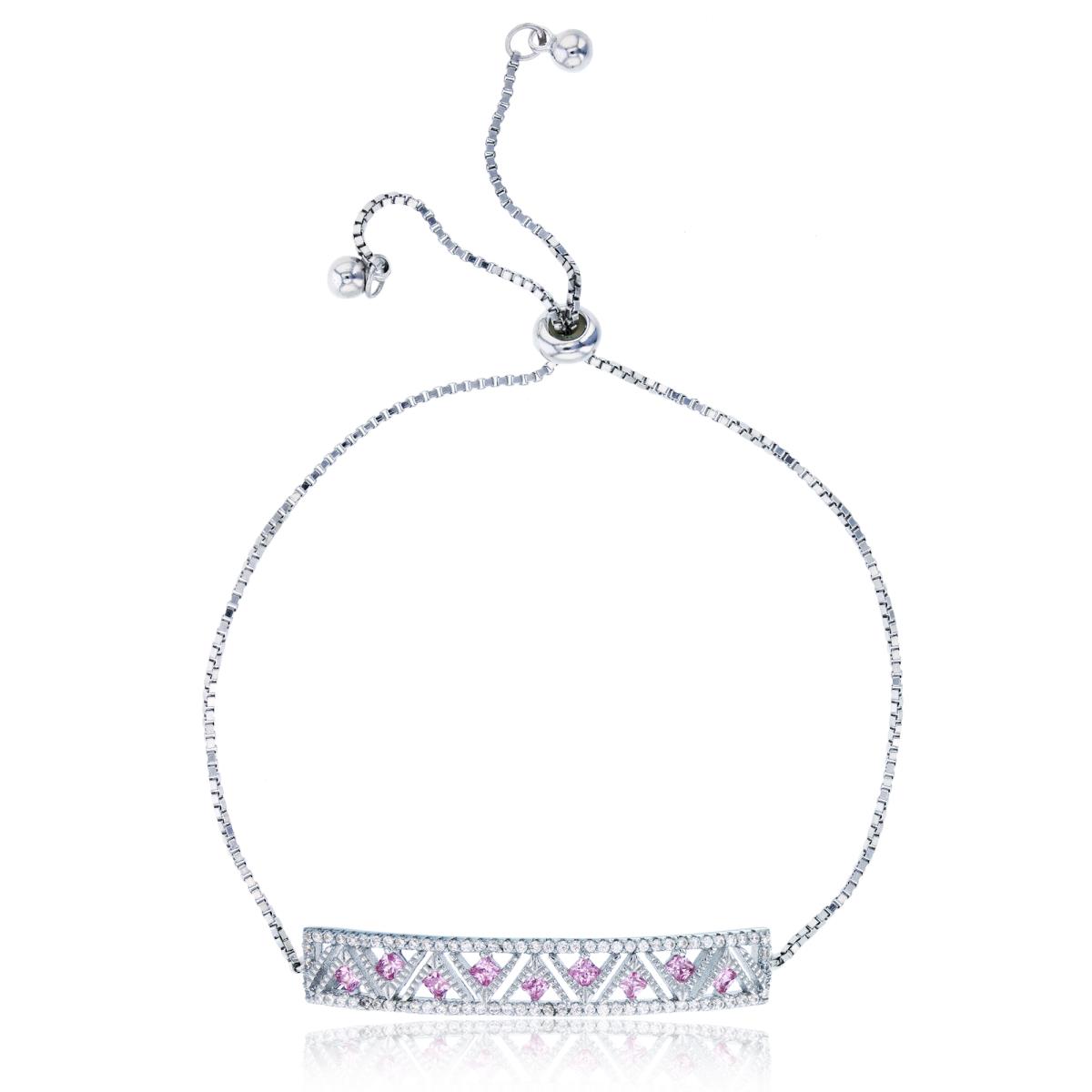 Sterling Silver Rhodium PR Pink & Rnd White CZ  Zigzag Bar Adjustable Bolo Bracelet