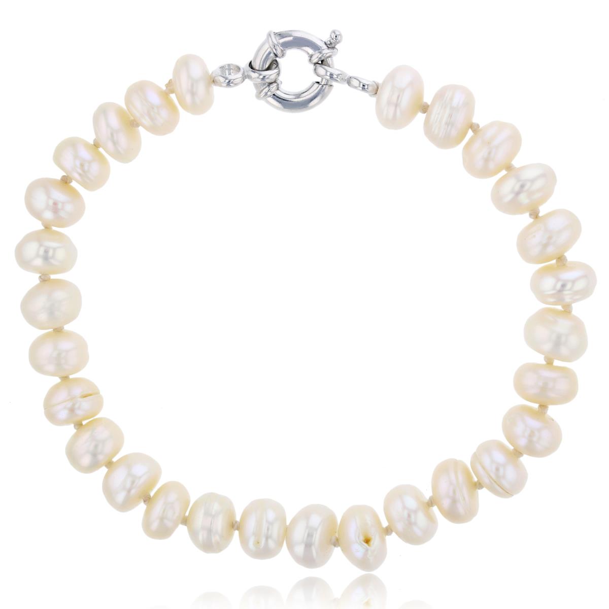 Sterling Silver Rhodium Rnd Simulated White Pearl String Bracelet
