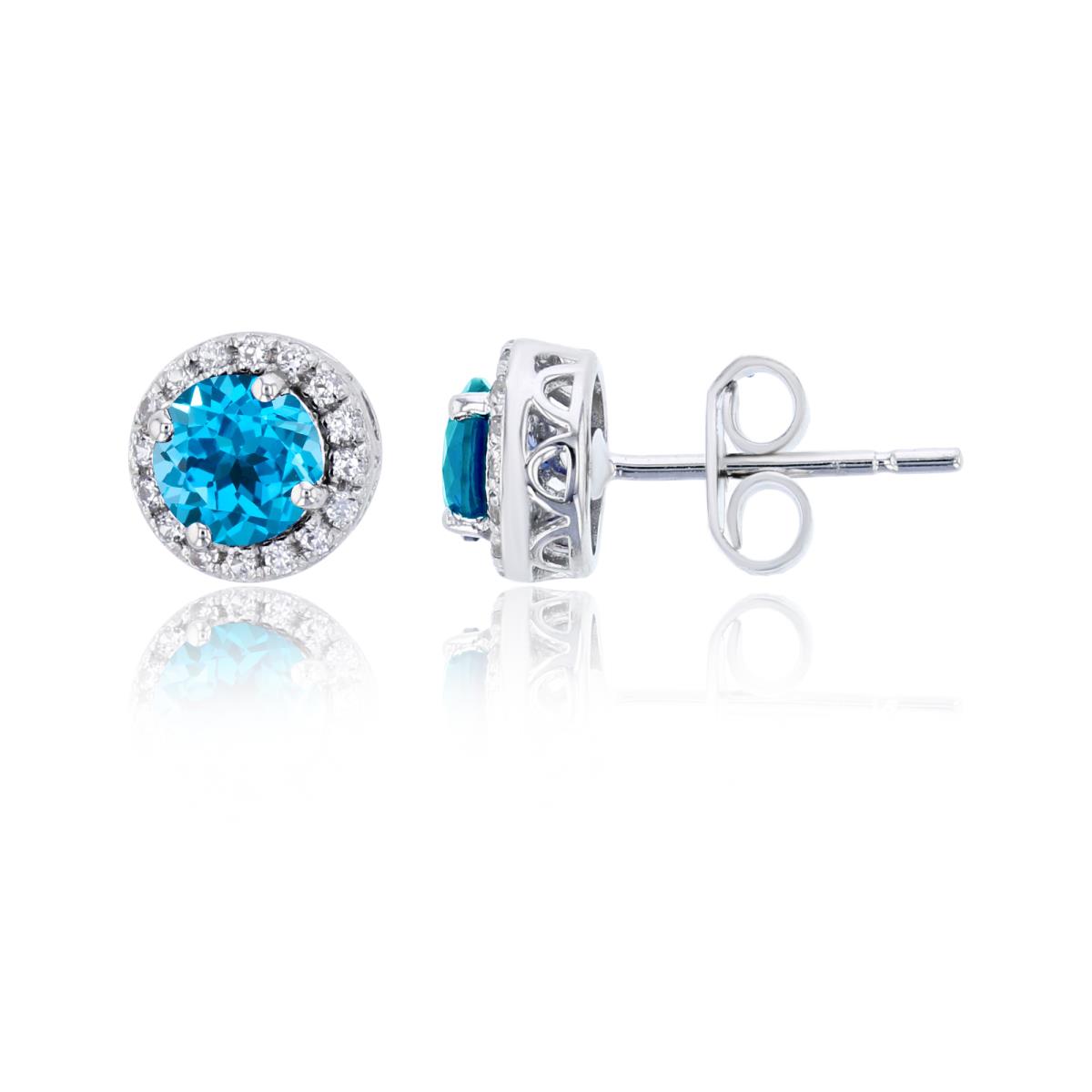 14K White Gold 5mm Rd Blue Topaz & 0.16CTTW Diamond Halo Stud Earring