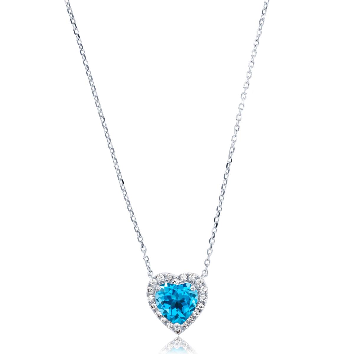 14K White Gold 0.10cttw Rnd Diamonds & 6mm Heart Cut Blue Topaz 18" Necklace