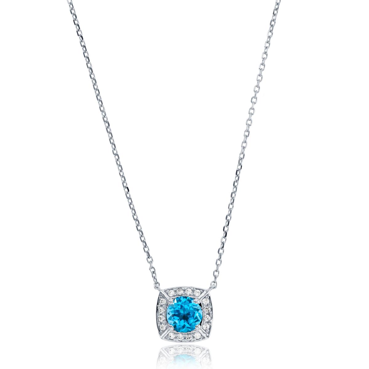 14K White Gold 0.08 CTTW Rd Diamond & 5mm Rd Blue Topaz Cushion 18" Necklace