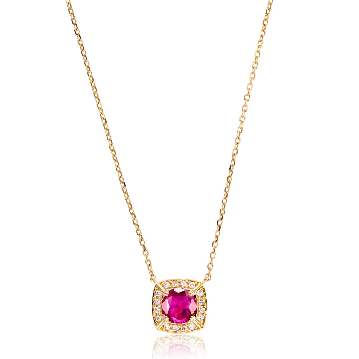 14K Yellow Gold 0.08 CTTW Rd Diamond & 5mm Rd Ruby Cushion 18" Necklace