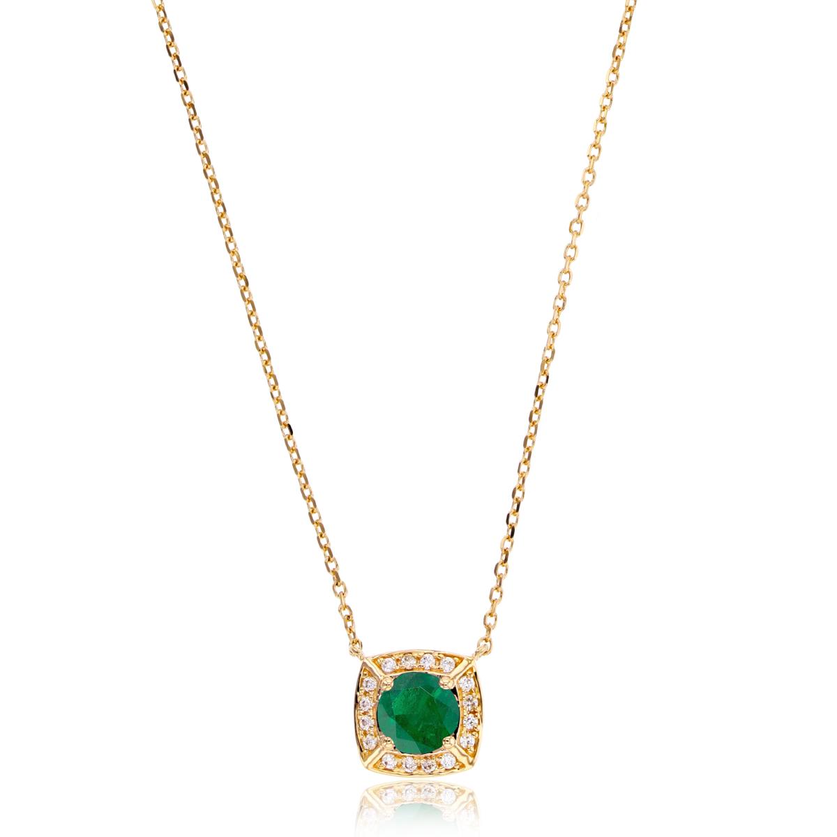 14K Yellow Gold 0.08 CTTW Rd Diamond & 5mm Rd Emerald Cushion 18" Necklace