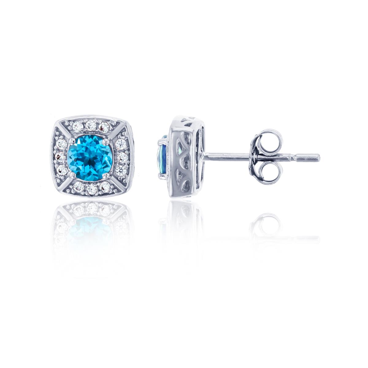 14K White Gold 0.12 CTTW Rd Diamond & 4mm Rd Blue Topaz Cushion Stud Earring