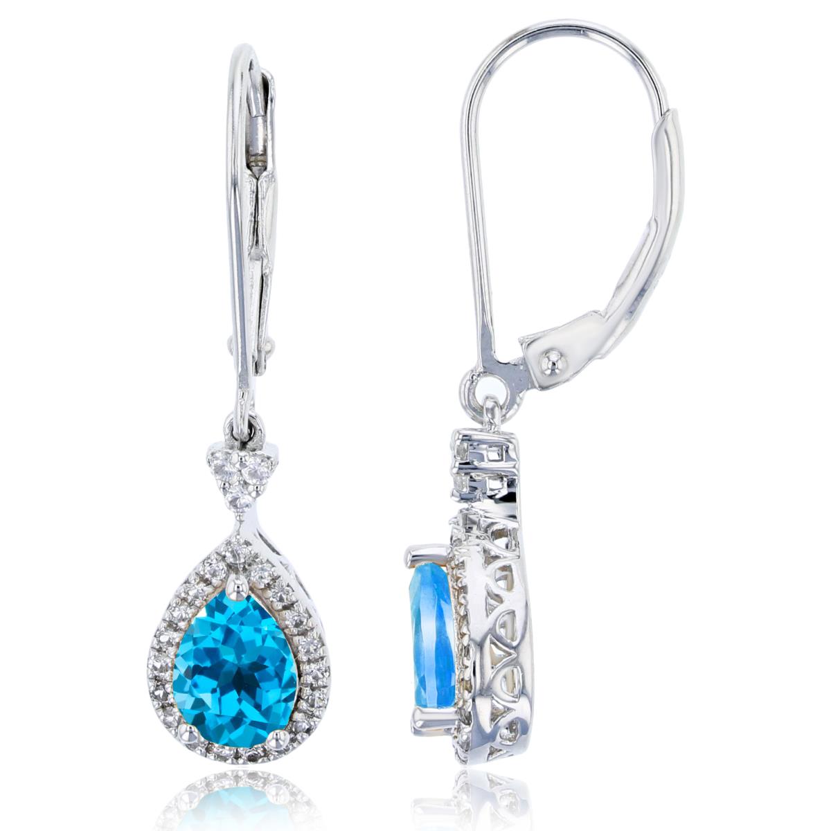 14K White Gold 7x5mm Pear Cut Blue Topaz & 0.23CTTW Diamonds Leverback Earring