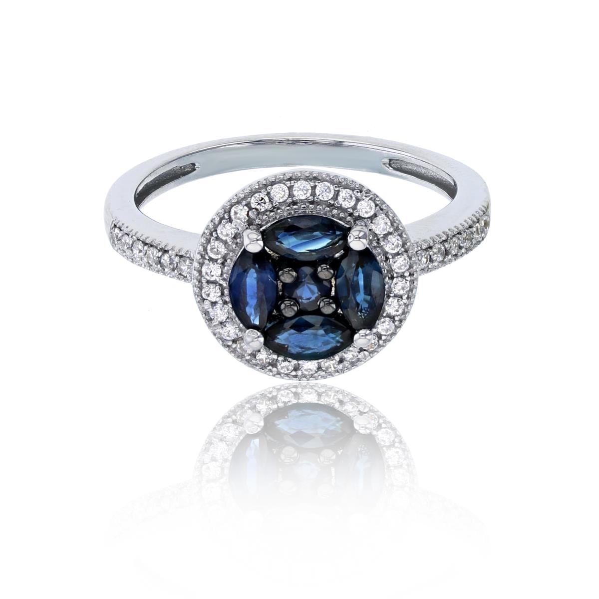 14K White Gold CZ Rnd & MQ/Rnd Blue Sapphire Circle Ring