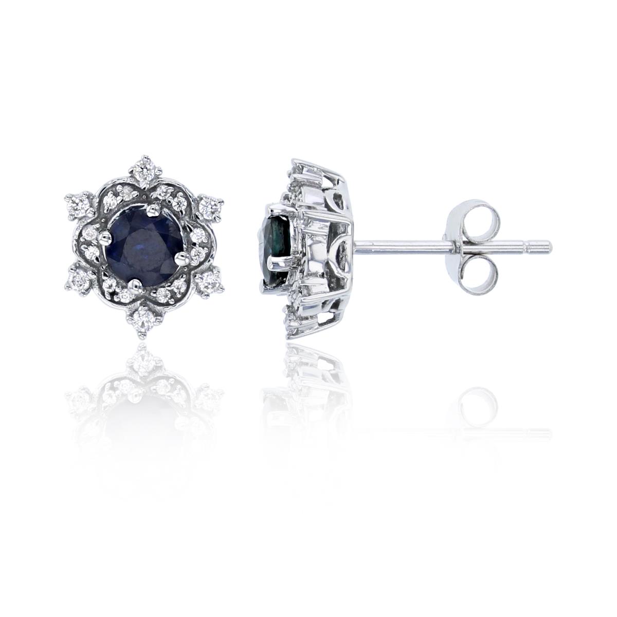 14K White Gold 0.15 CTTW Rnd Diamond & Rnd Blue Sapphire Flower Stud Earring