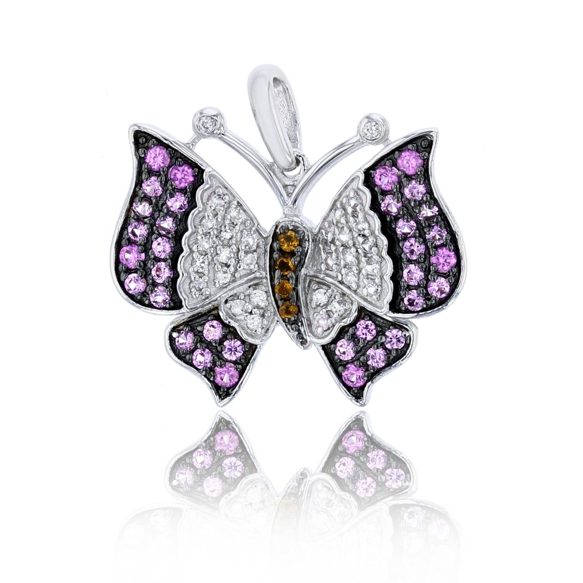 Sterling Silver Rhodium Rnd Multicolor Created Sapphire Butterfly Pendant
