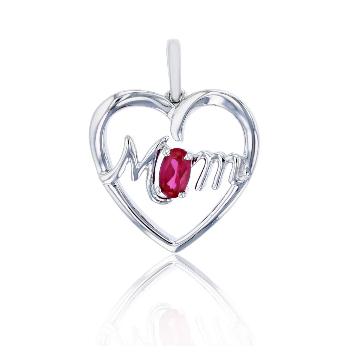 Sterling Silver Rhodium Oval Created Ruby Mom Heart Pendant