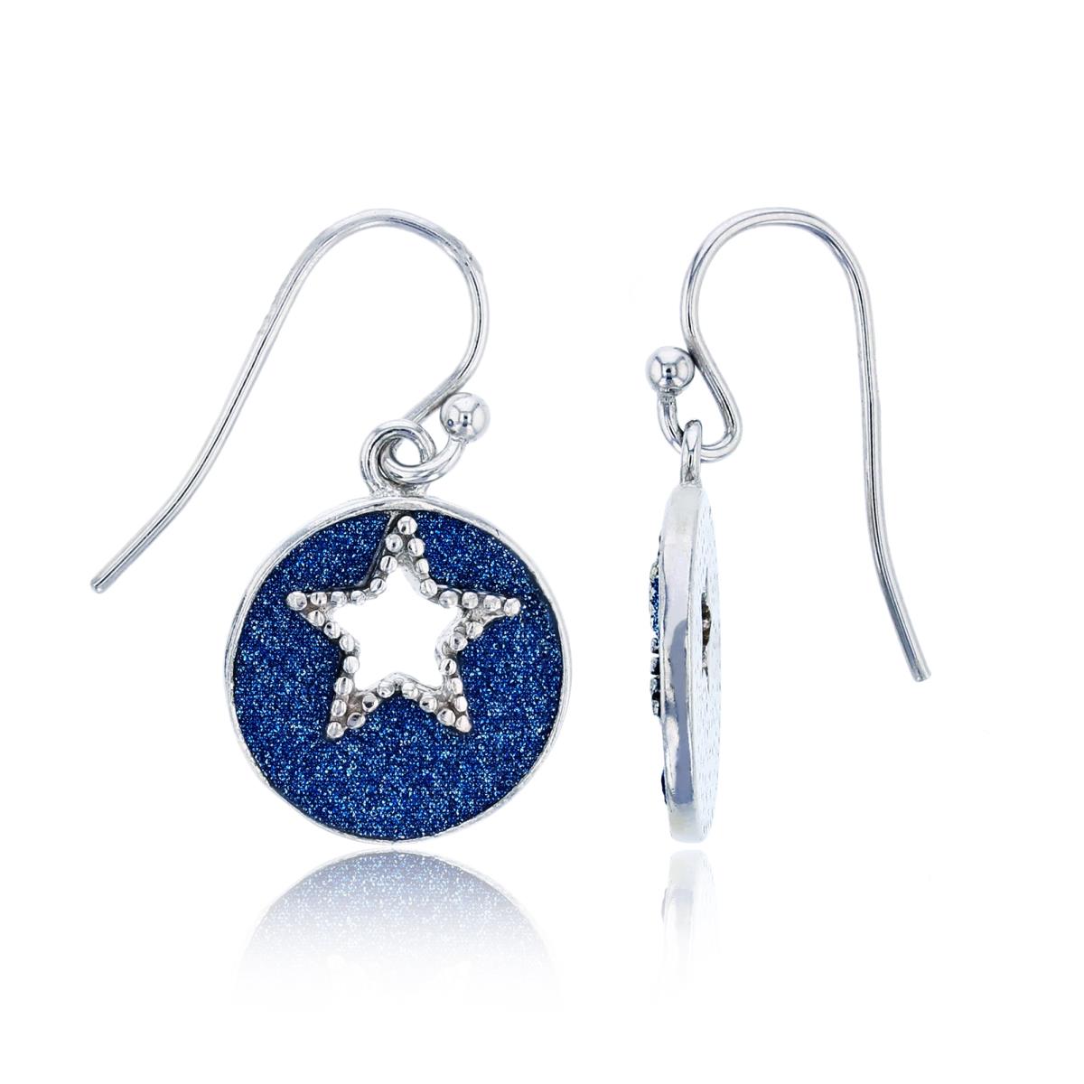 Sterling Silver Rhodium Blue Glitter Circle Star Earring