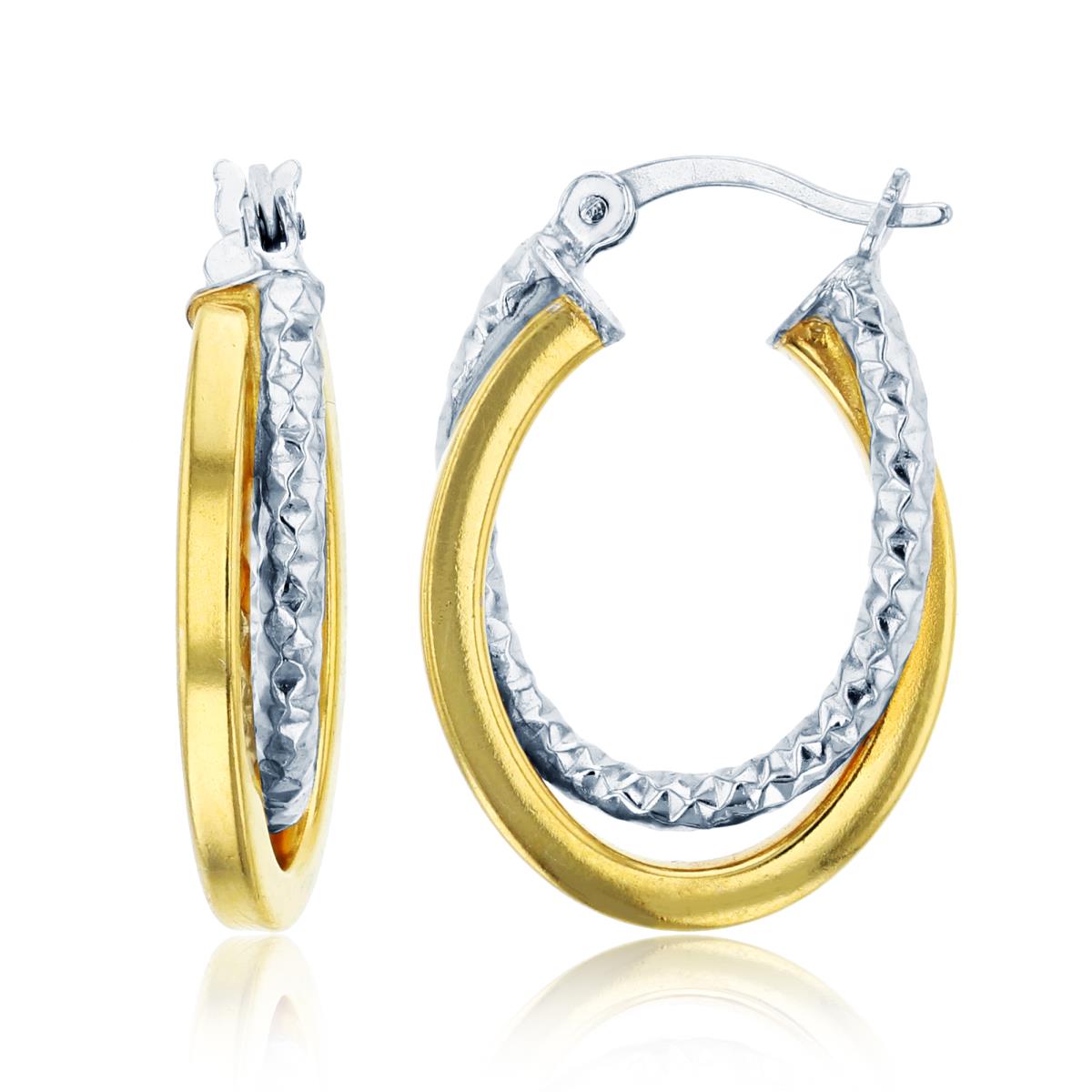 Sterling Silver Two-Tone Yellow & White 23X4mm Diamond Cut Double Oval Hoop Earring