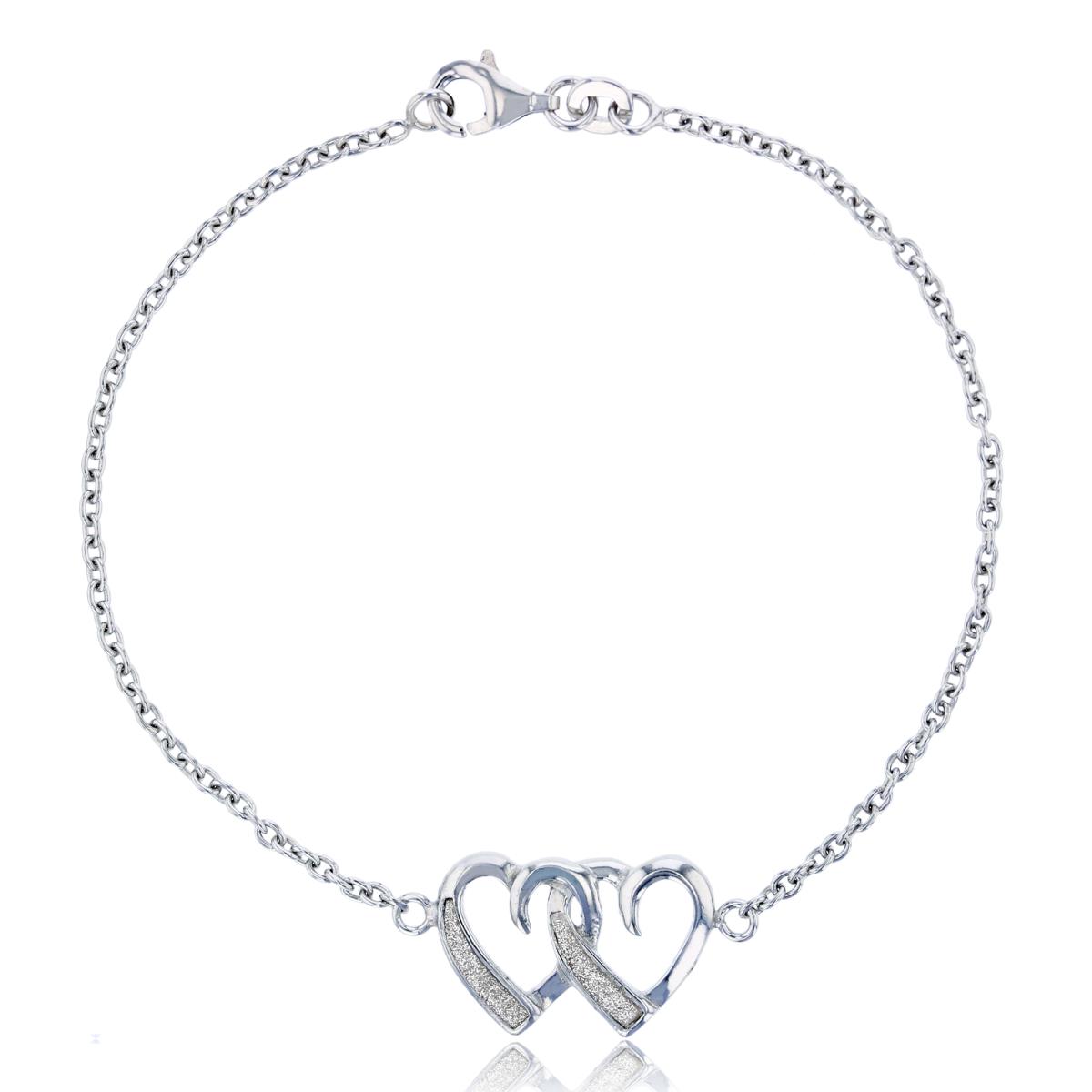 Sterling Silver Rhodium White Glitter 2-Hearts Chain Bracelet