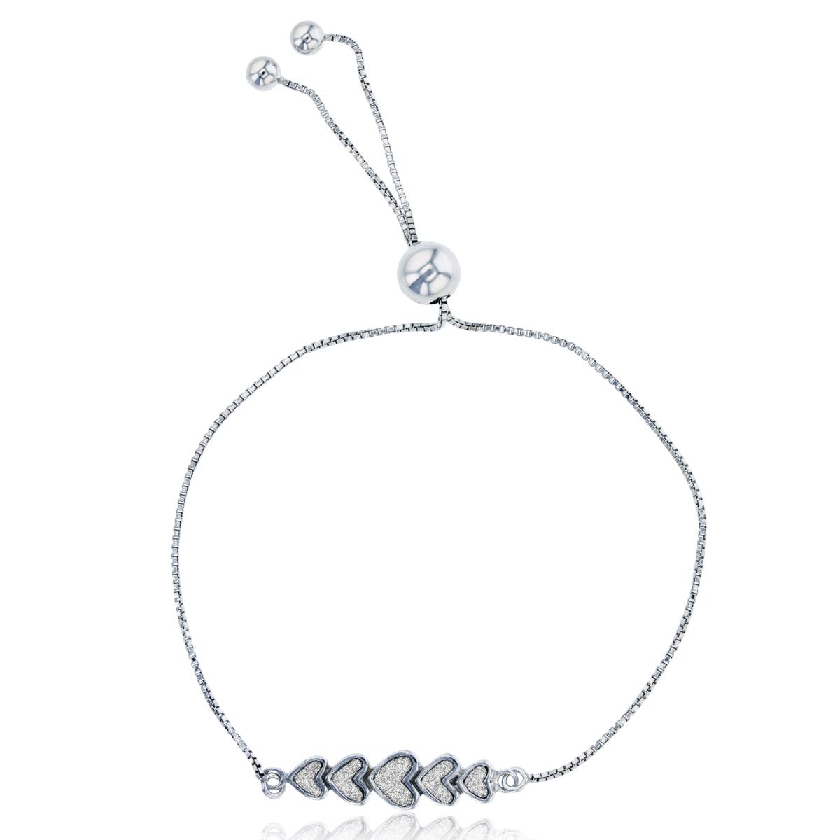 Sterling Silver Rhodium White Glitter 5-Hearts Adjustable Bolo Bracelet
