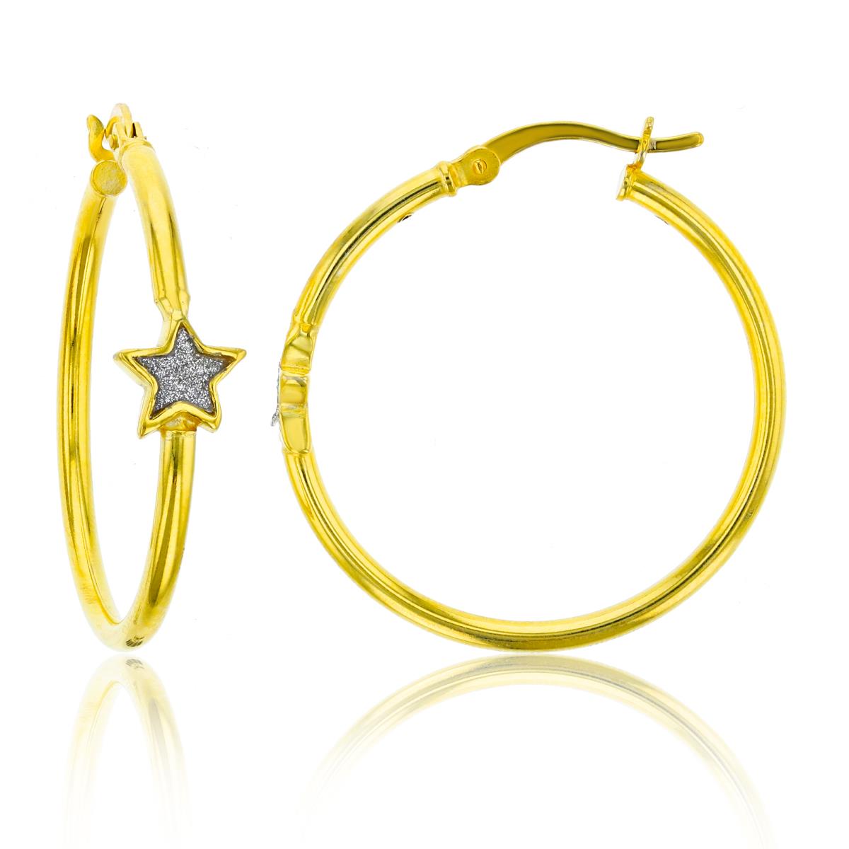 Sterling Silver Yellow Glittered Star on 30X7mm Hoop Earring