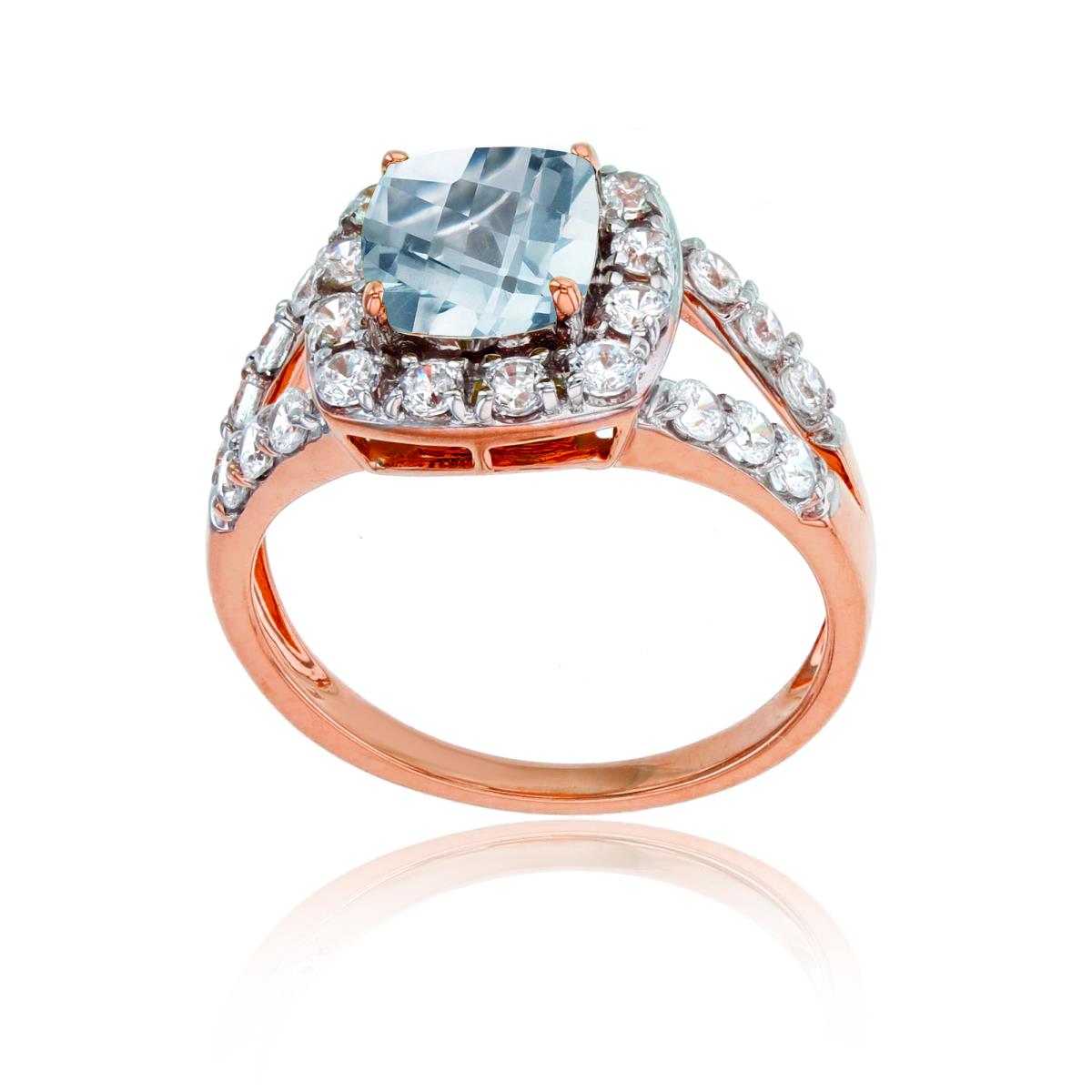 Sterling Silver Rose 7mm Cush Aquamarine & 2mm Rd Cr White Sapphire Ring