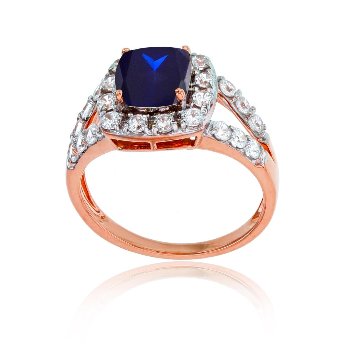 Sterling Silver Rose 7mm Cush Cr Blue Sapphire & 2mm Rd Cr White Sapphire Ring