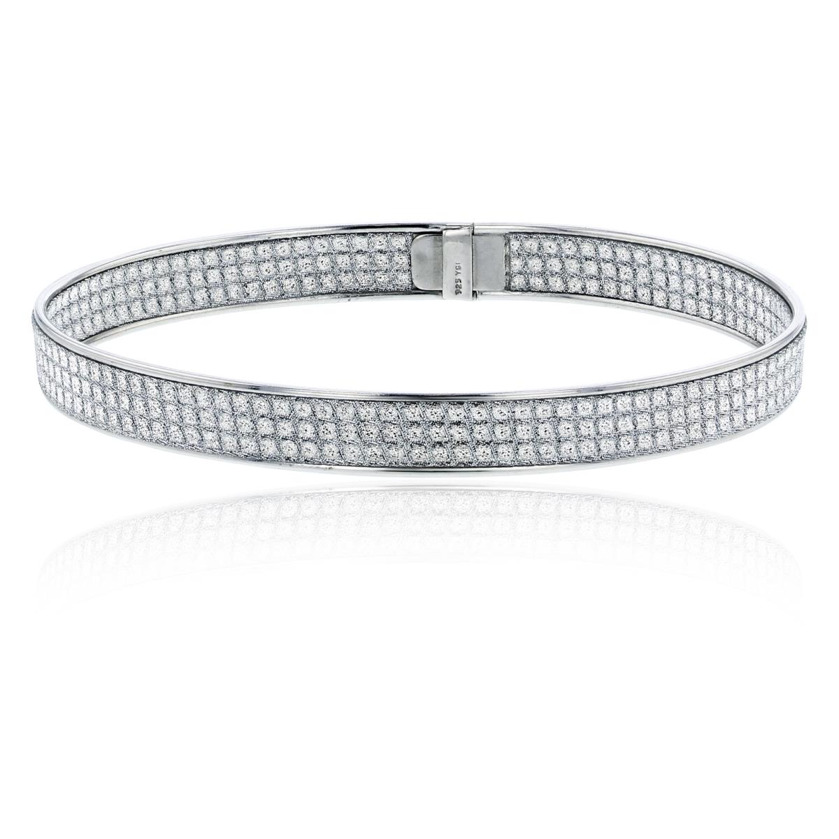 Sterling Silver Rhodium 2-Sides White Glittered Row Bangle
