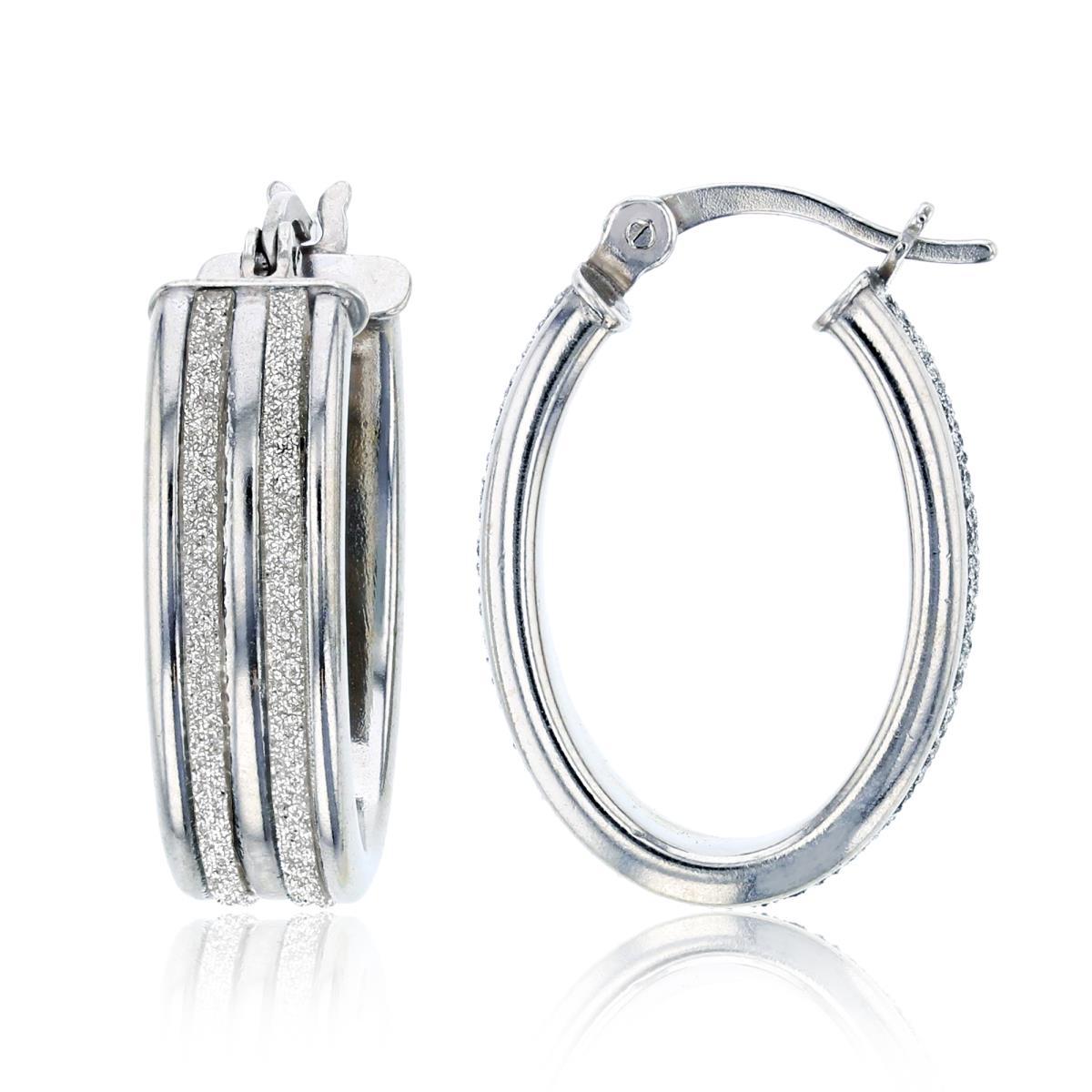 Sterling Silver Rhodium White Glittered 2-Row 20X6mm Hoop Earring
