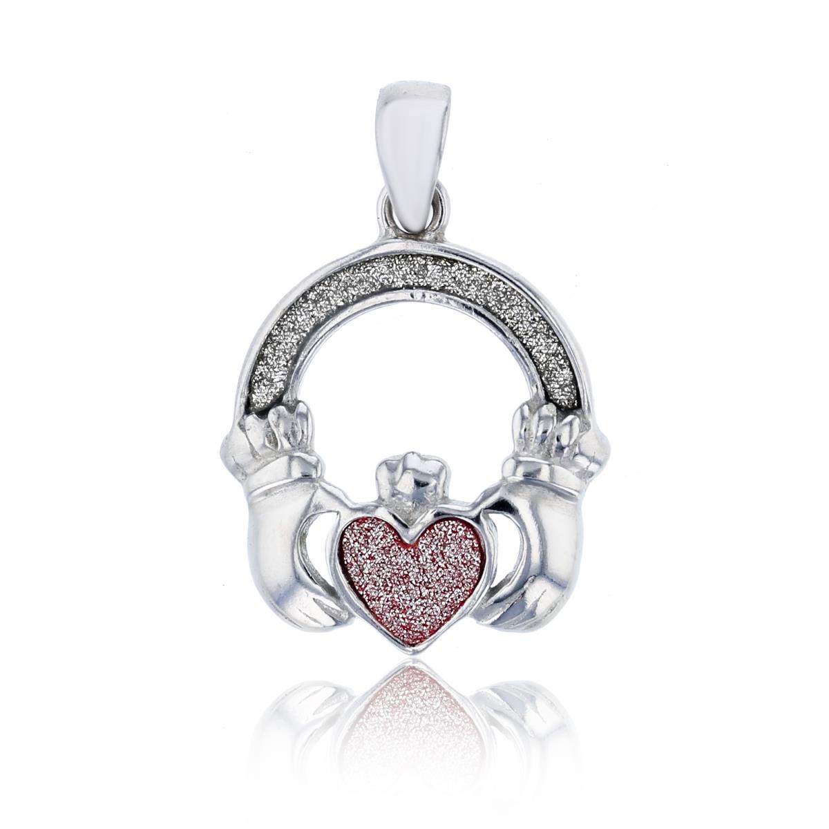 Sterling Silver Rhodium White & Pink Glittered Heart in Arms Pendant
