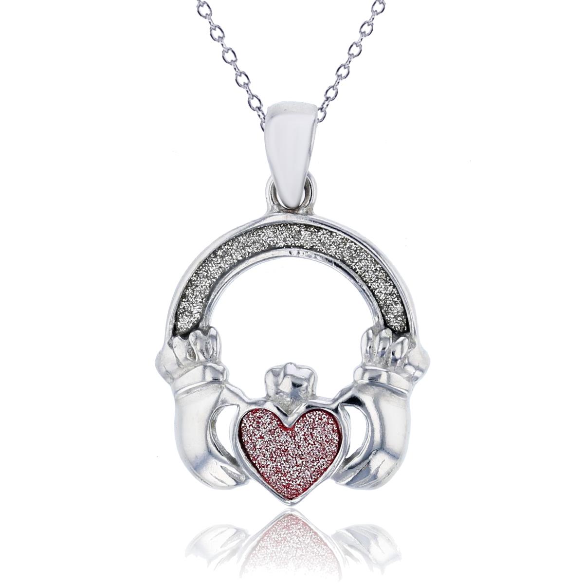 Sterling Silver Rhodium White & Pink Glittered Heart in Arms 18" Necklace