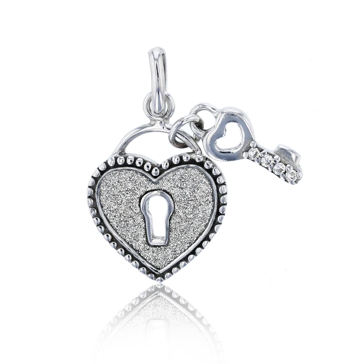 Sterling Silver Rhodium White Glittered Heart/Key Pendant