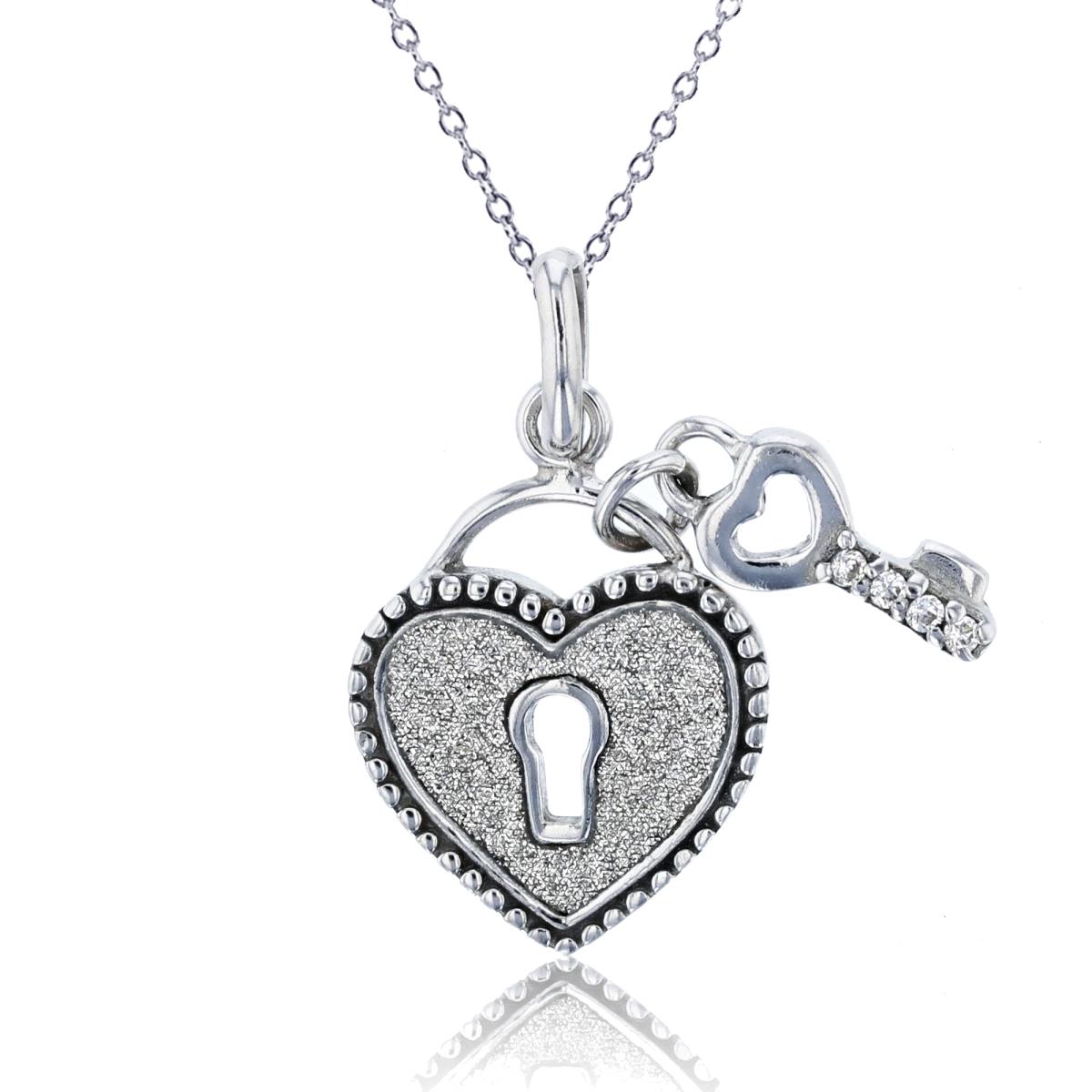 Sterling Silver Rhodium Heart & Key White Glittered 18" Necklace