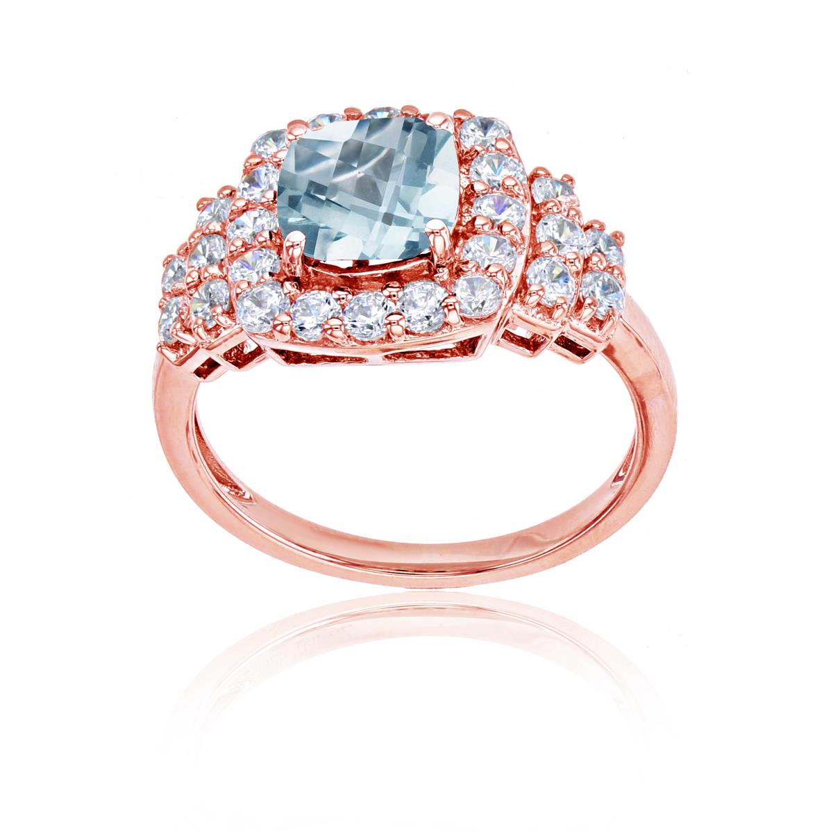 Sterling Silver Rose 7mm Cush Aquamarine & Rd Cr White Sapphire Ring