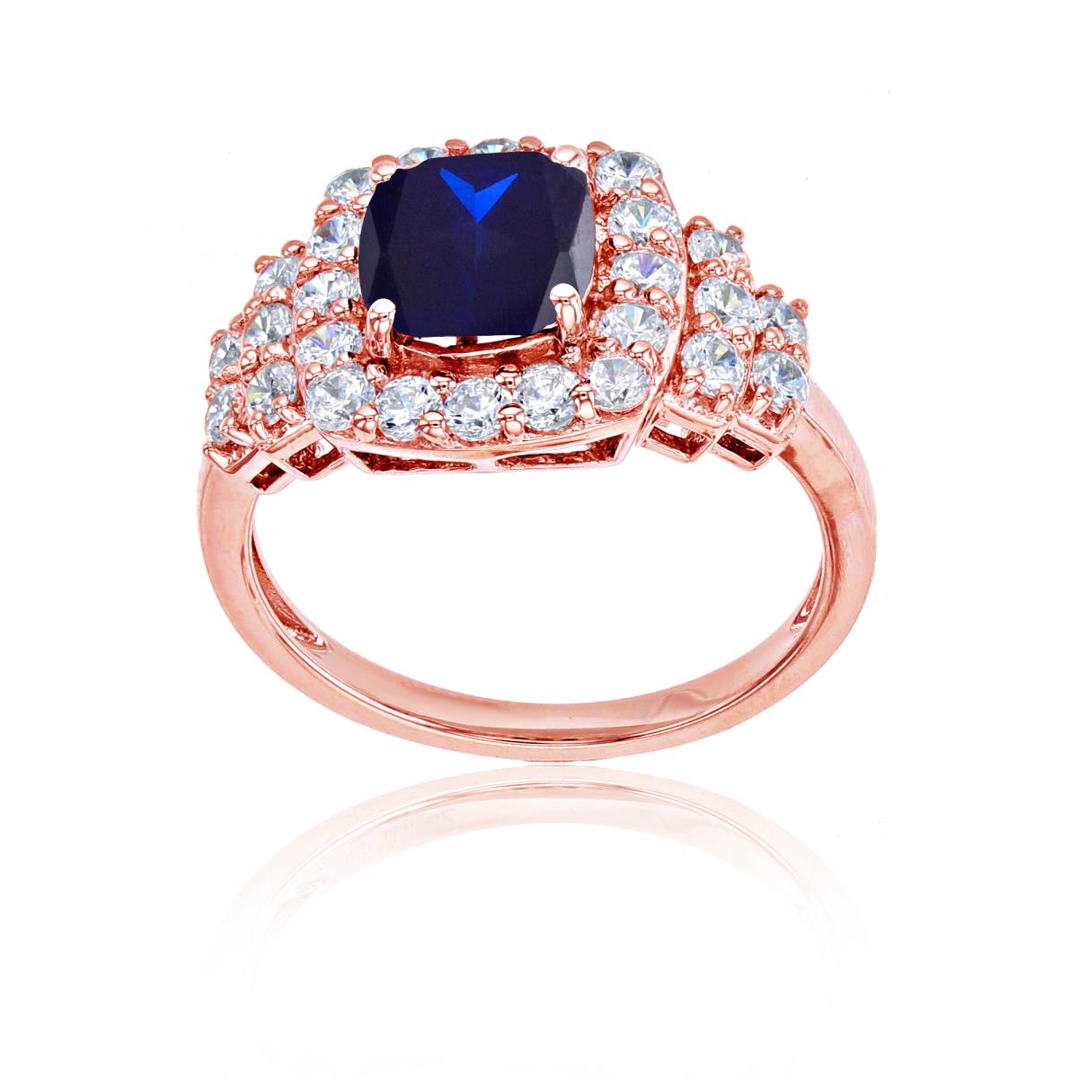 Sterling Silver Rose 7mm Cush Cr Blue Sapphire & Rd Cr White Sapphire Ring