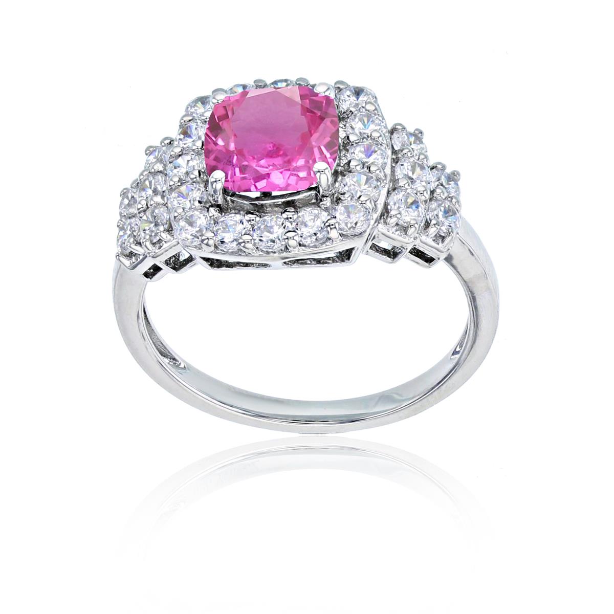 Sterling Silver Rose 7mm Cush Cr Pink Sapphire & Rd Cr White Sapphire Ring
