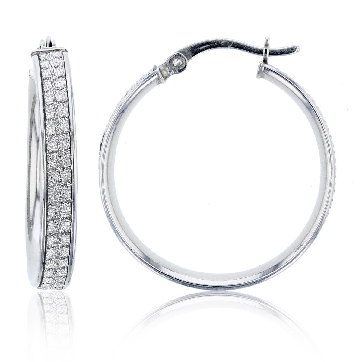 Sterling Silver Rhodium Glittered White Row 24X4mm Hoop Earring