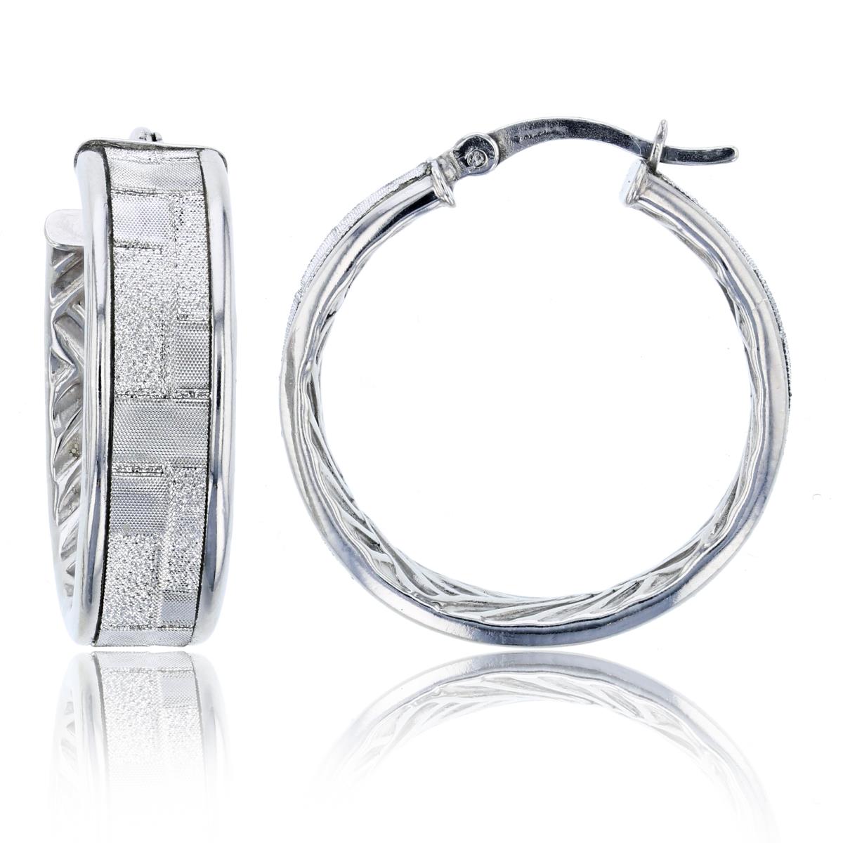 Sterling Silver Rhodium Textured & White Glittered 25X7mm Hoop Earring