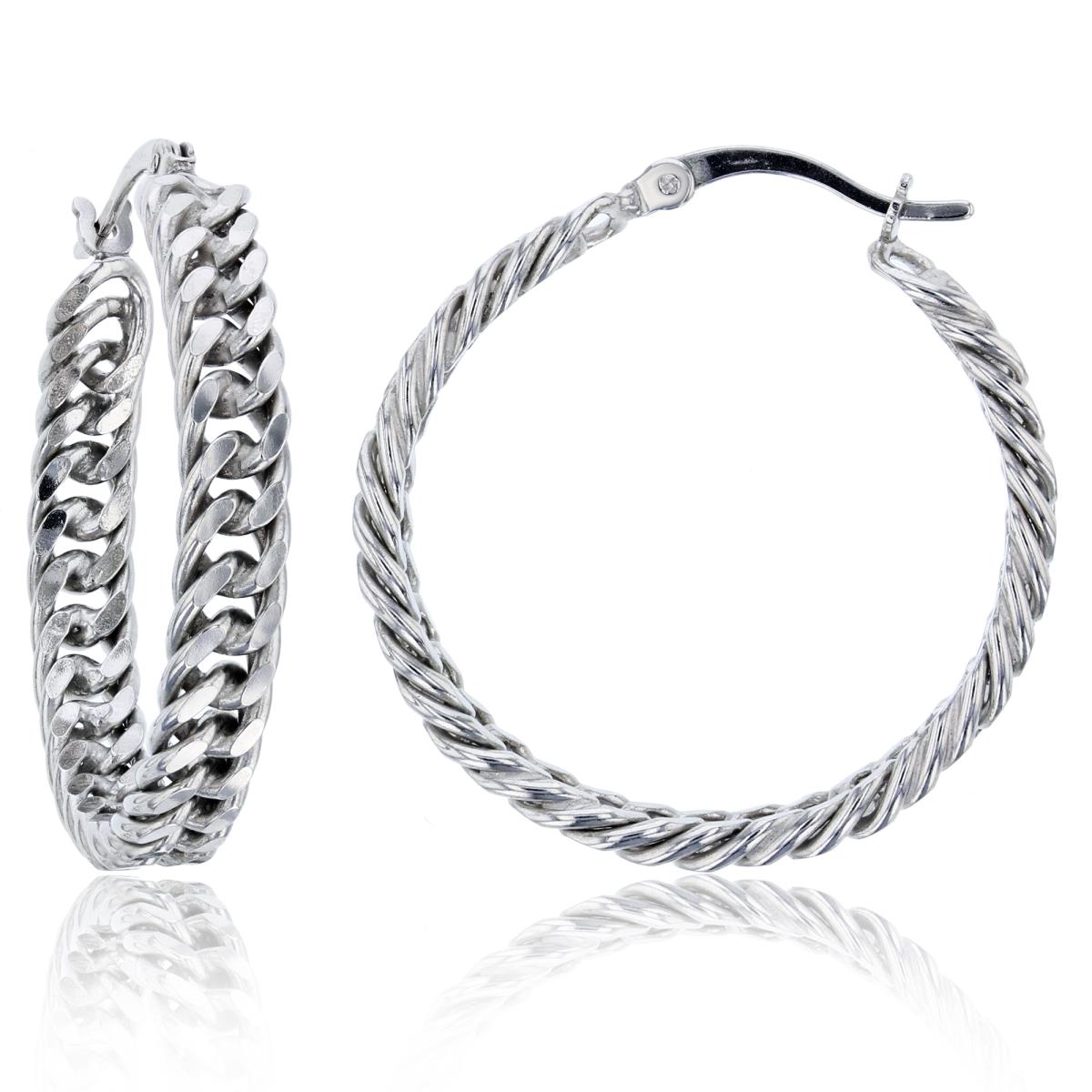 Sterling Silver Rhodium 30X5mm LInked Hoop Earring