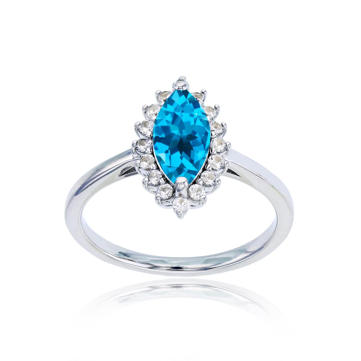Sterling Silver Rhodium 10x5 Mq Swiss Blue Topaz & Rd Cr White Sapphire Ring