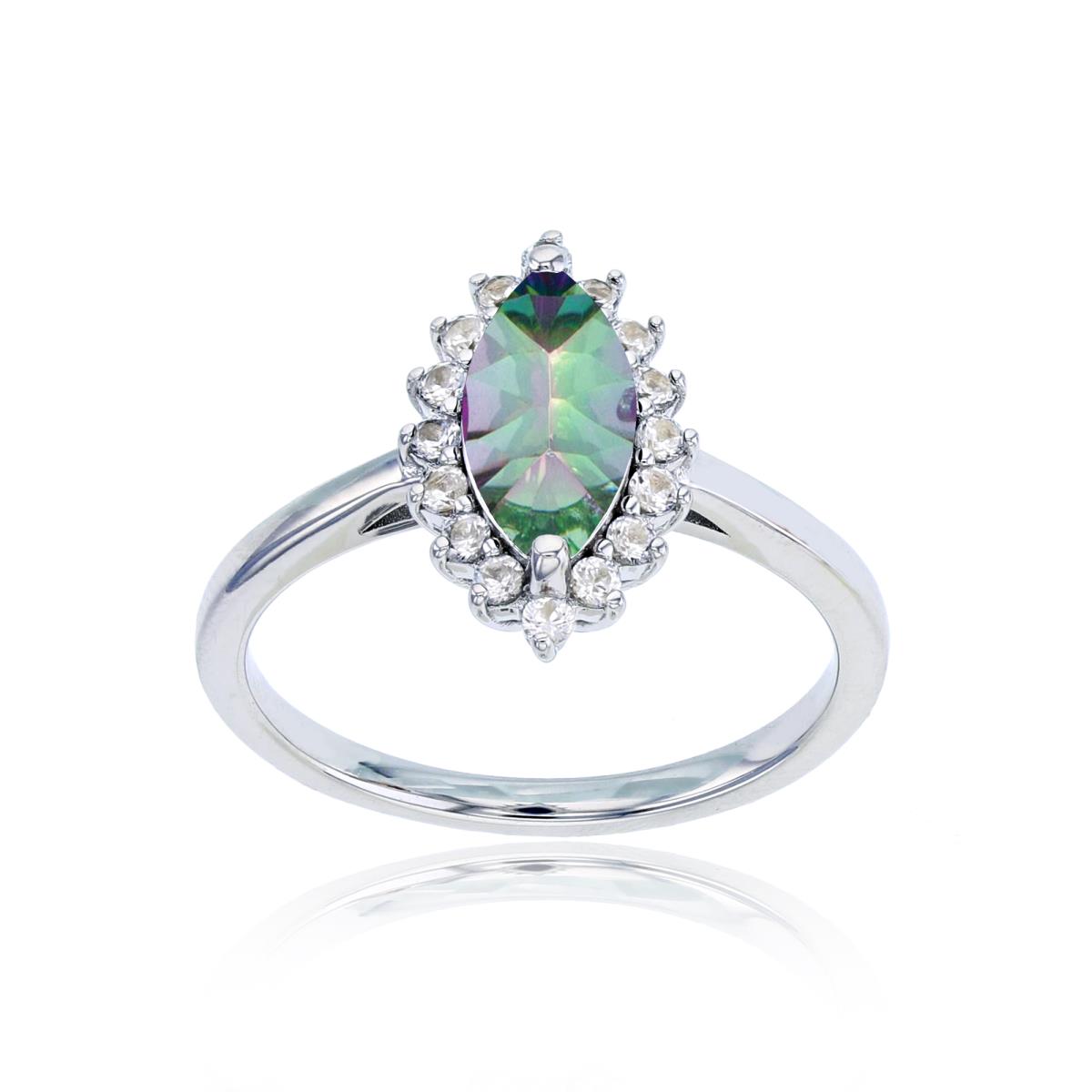 Sterling Silver Rhodium 10x5 Mq Mystic Green Quartz & Rd Cr White Sapphire Ring