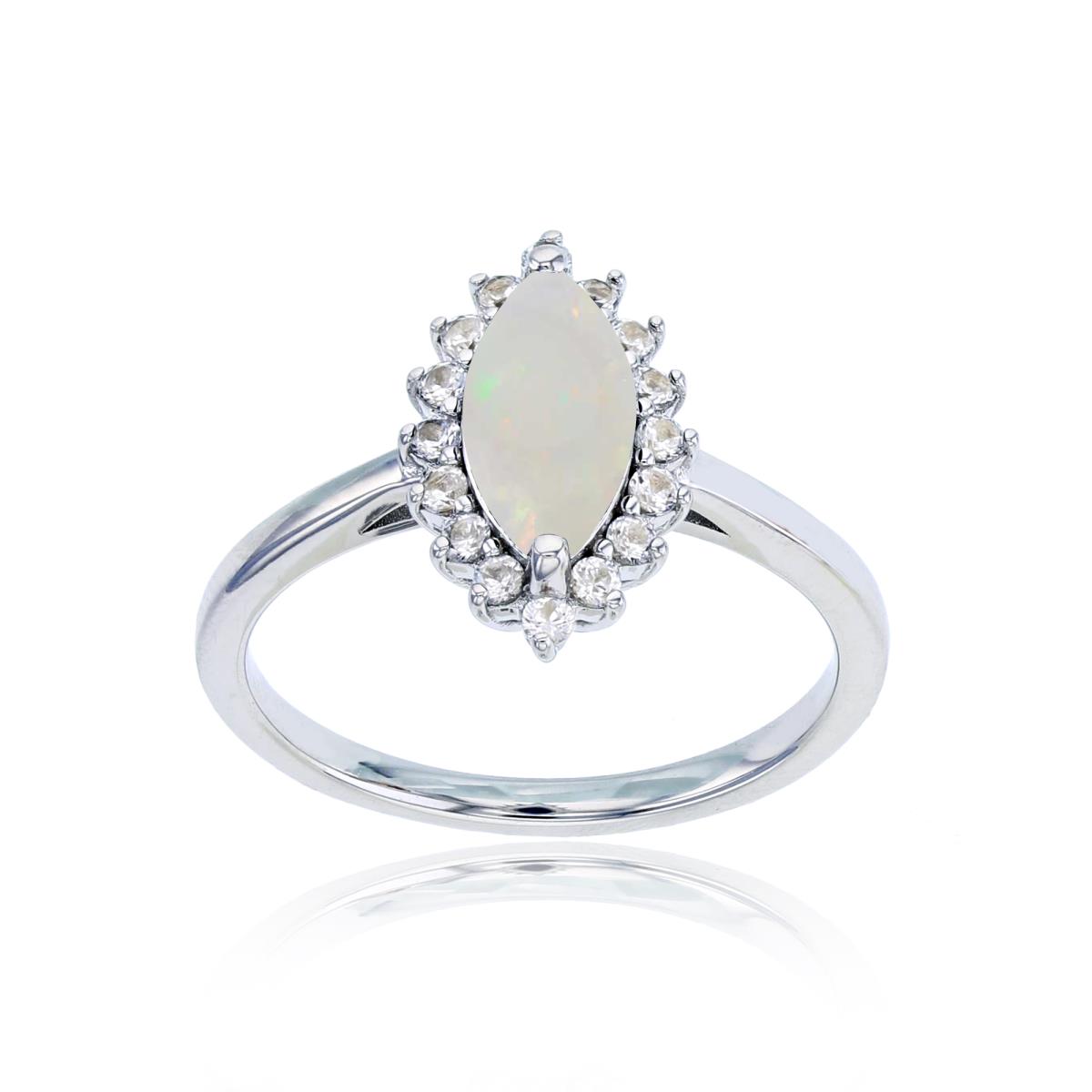 Sterling Silver Rhodium 10x5 Mq Opal & Rd Cr White Sapphire Ring