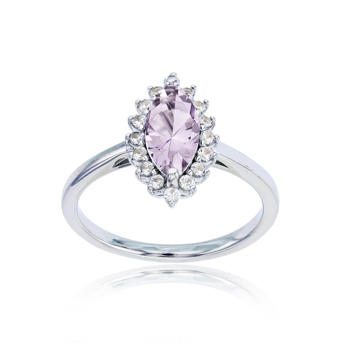Sterling Silver Rhodium 10x5 Mq Rose De France & Rd Cr White Sapphire Ring