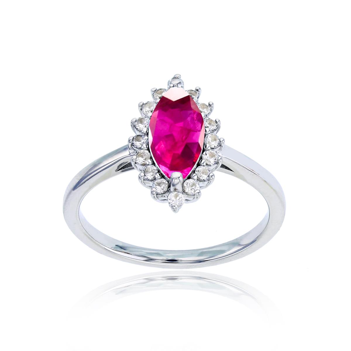 Sterling Silver Rhodium 10x5 Mq Glass Filled Ruby & Rd Cr White Sapphire Ring