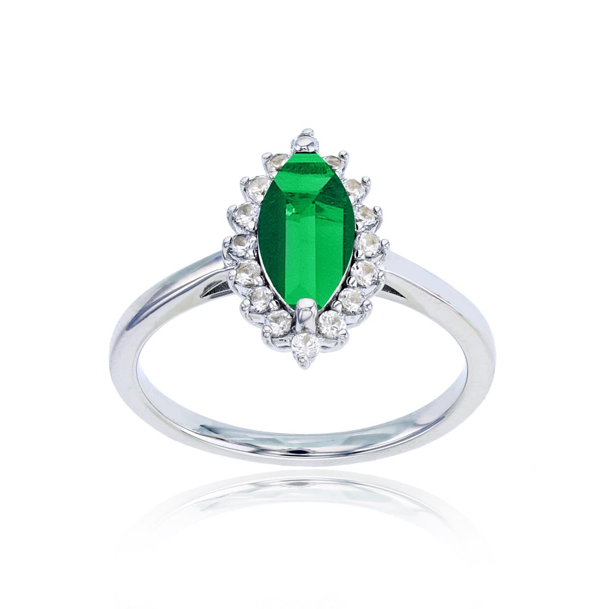 Sterling Silver Rhodium 10x5 Mq Cr Emerald & Rd Cr White Sapphire Ring