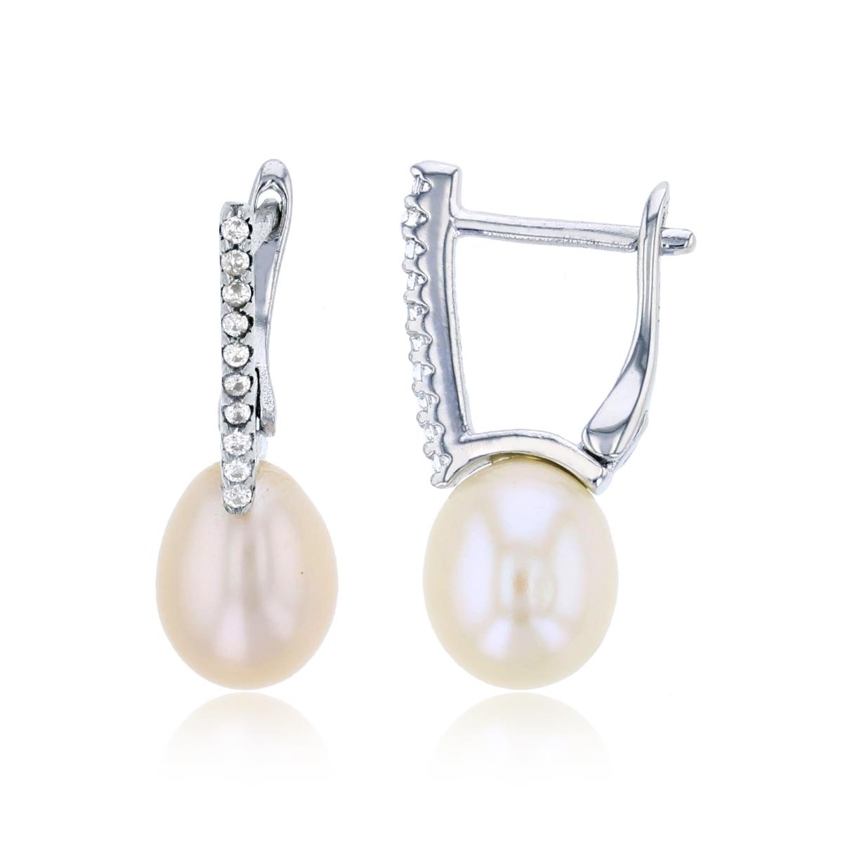Sterling Silver Rhodium CZ Rnd & White Fresh Pearl Earring