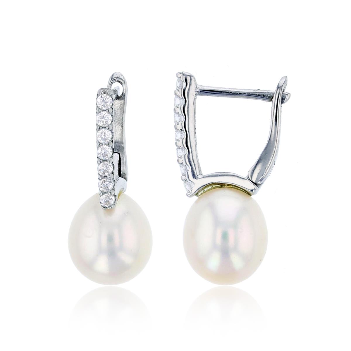 Sterling Silver Rhodium CZ Rnd & Fresh Water Pearl Earring