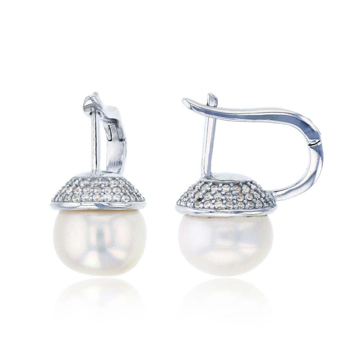 Sterling Silver Rhodium Rnd CZ & Fresh Water Pearl Earring