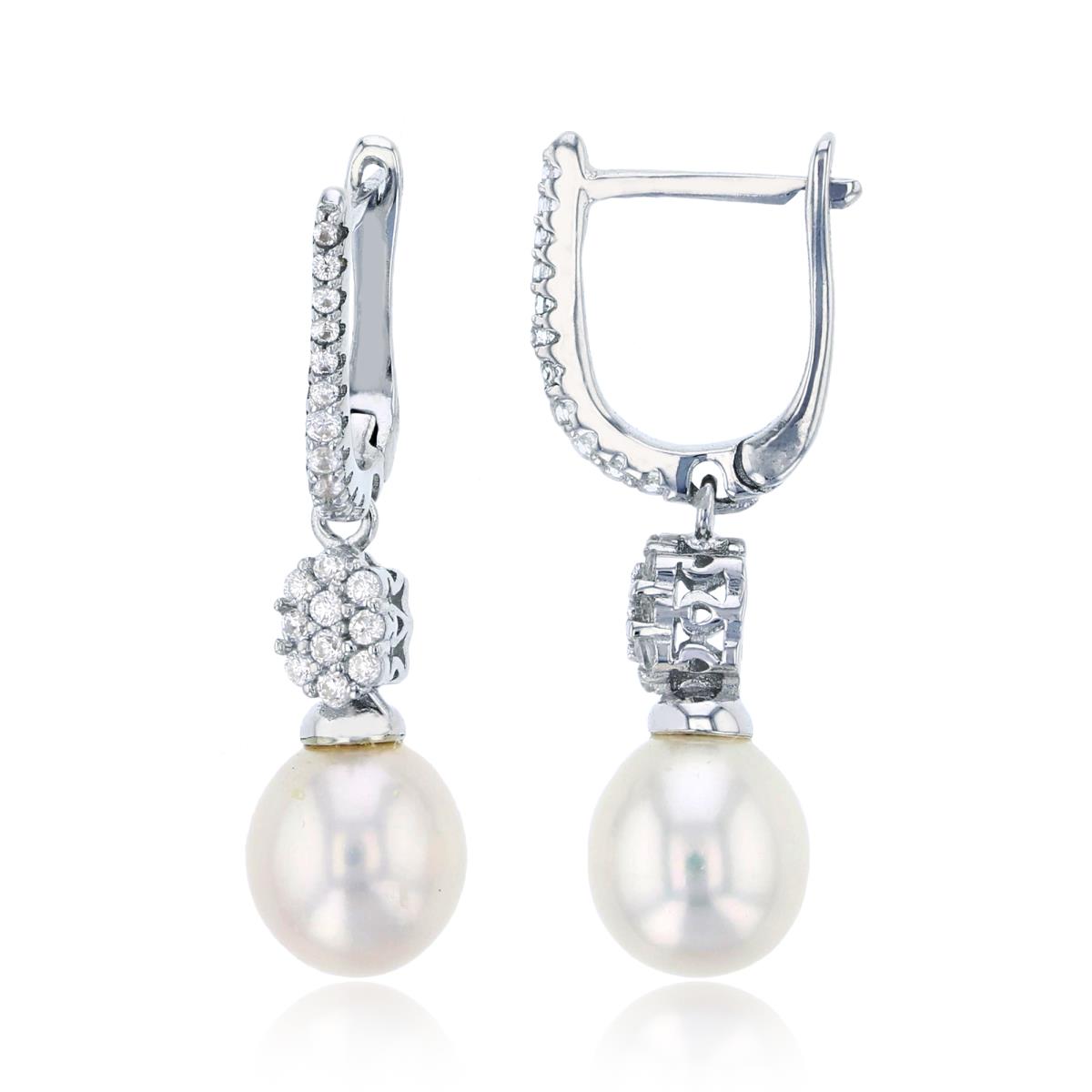 Sterling Silver Rhodium Rnd CZ & Fresh Water Pearl Dangling Earring