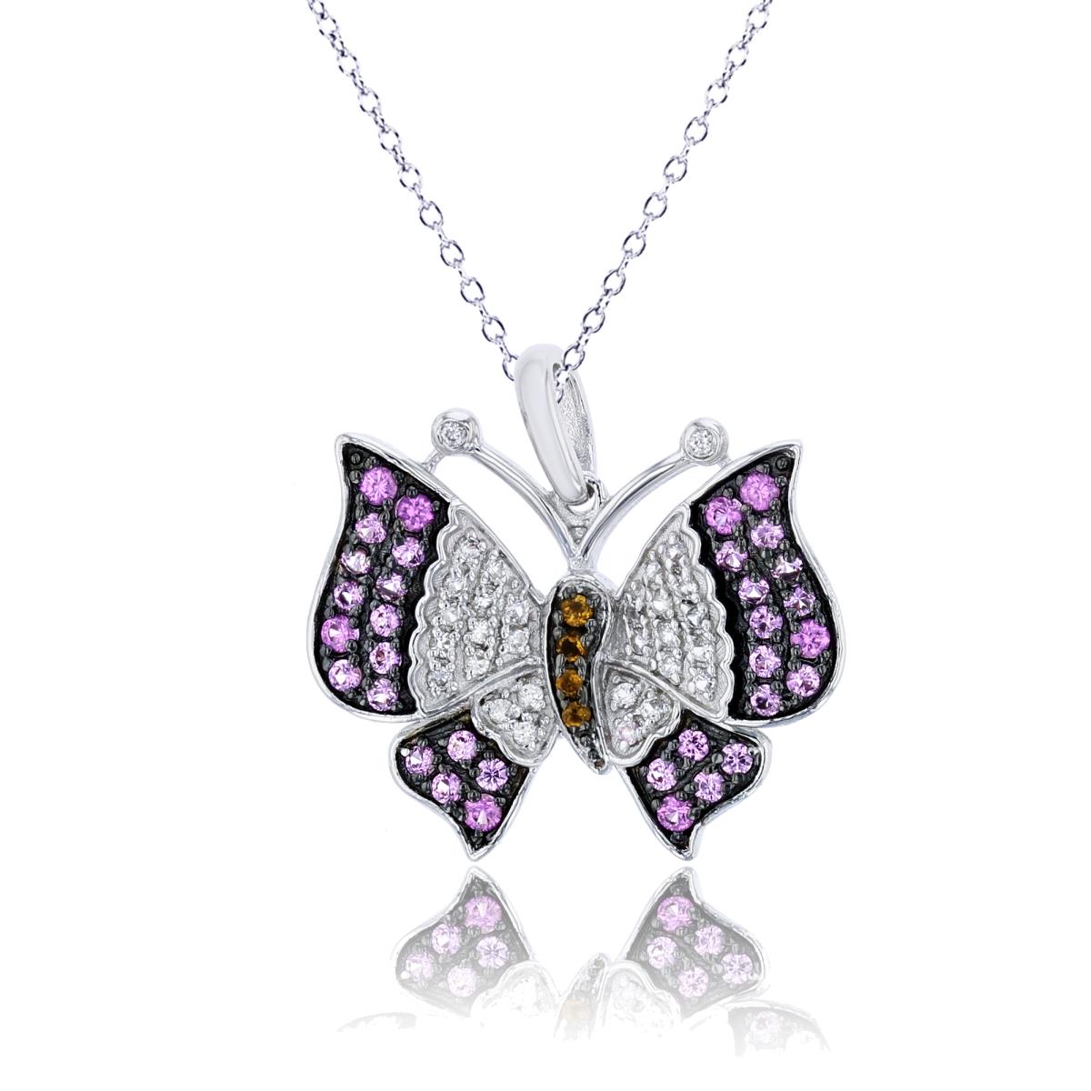 Sterling Silver Rhodium Rnd Multicolor Cr Sapphire Butterfly 18" Necklace