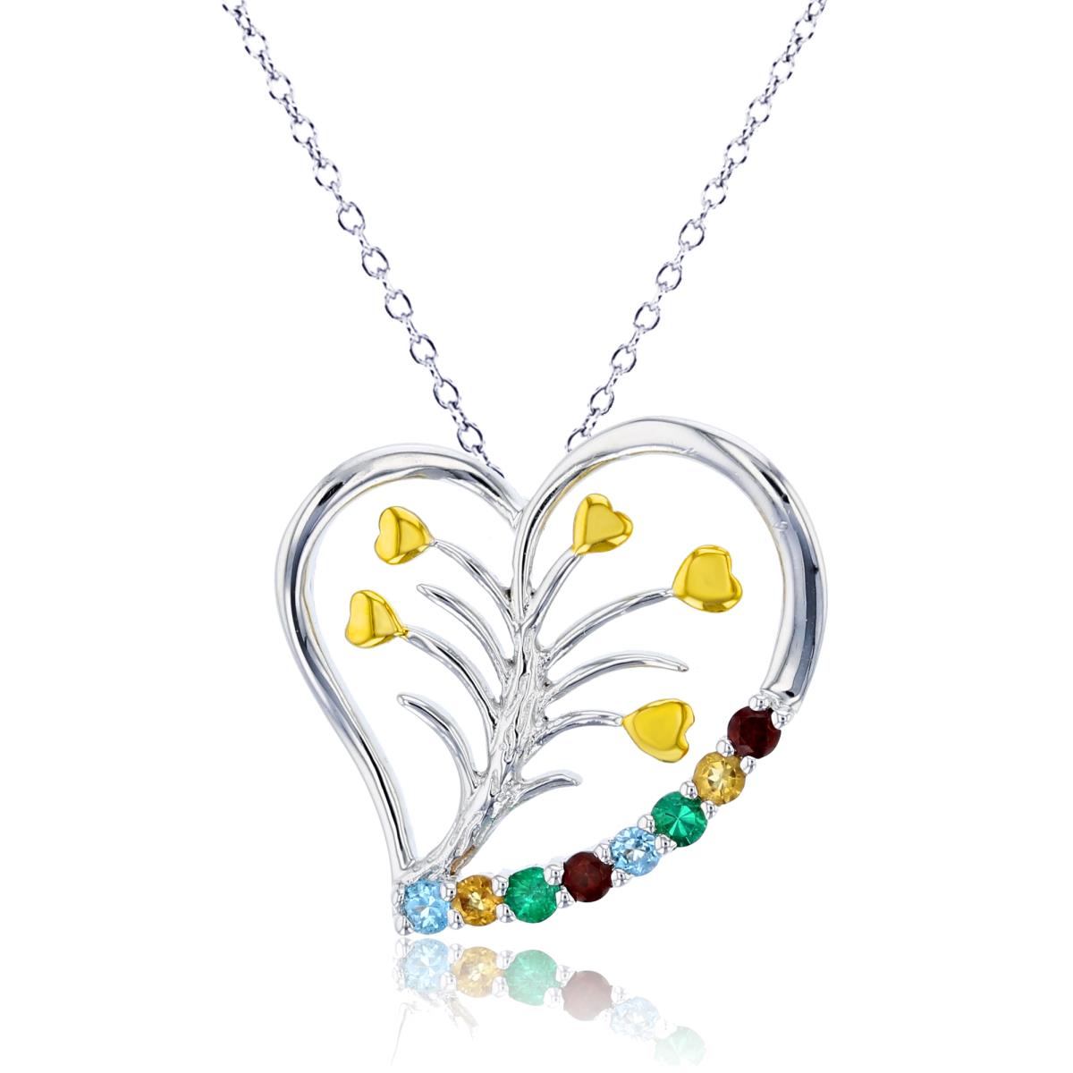 Sterling Silver Rhodium 2mm Rnd Multicolor Stones Heart/Tree inside 18" Necklace
