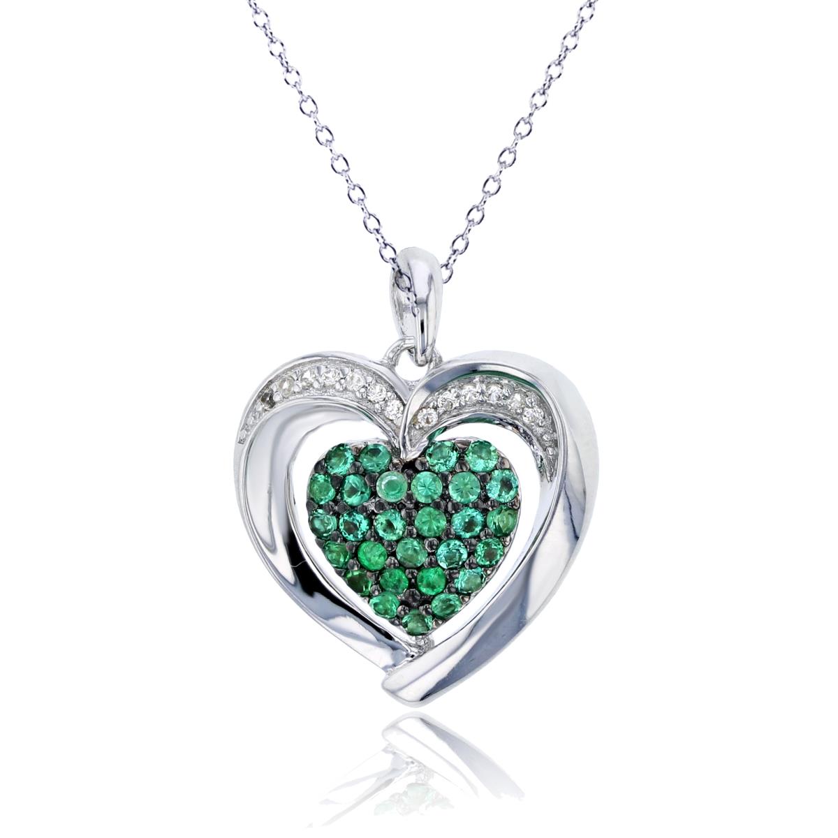 Sterling Silver Rhodium 1mm Rd Cr White Sap & 1.5mm Rd Cr Emerald Heart 18" Necklace