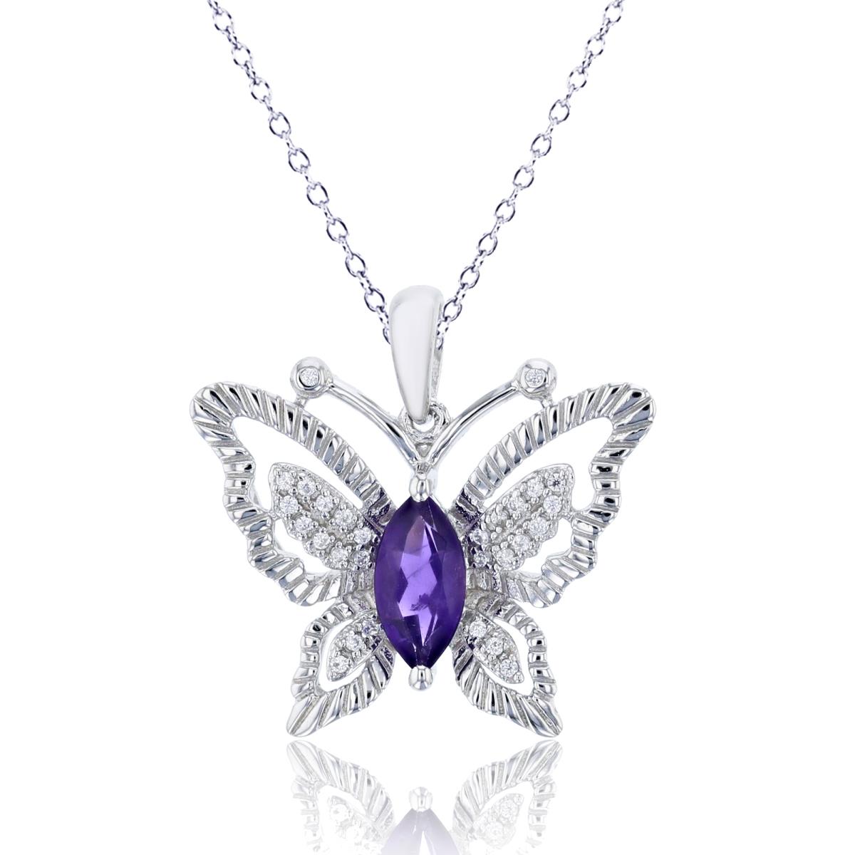 Sterling Silver Rhodium 0.08 CTTW Diamond Rd & 8x4 Mq Amethyst Butterfly 18" Necklace