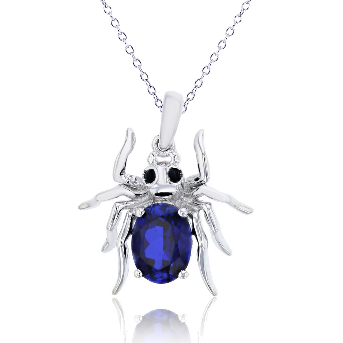 Sterling Silver Rhodium 8x6 Ov Cr Blue Sapphire & Rd Onyx Spider 18" Necklace